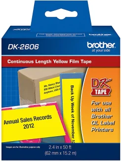 Brother DK-2606 Black-On-Yellow Tape, Continuous-Feed Film Roll, 2.5