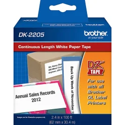 Brother DK-2205 Continuous-Feed Paper Roll Permanent Address Labels, Black On White, 2 7/16" x 100'