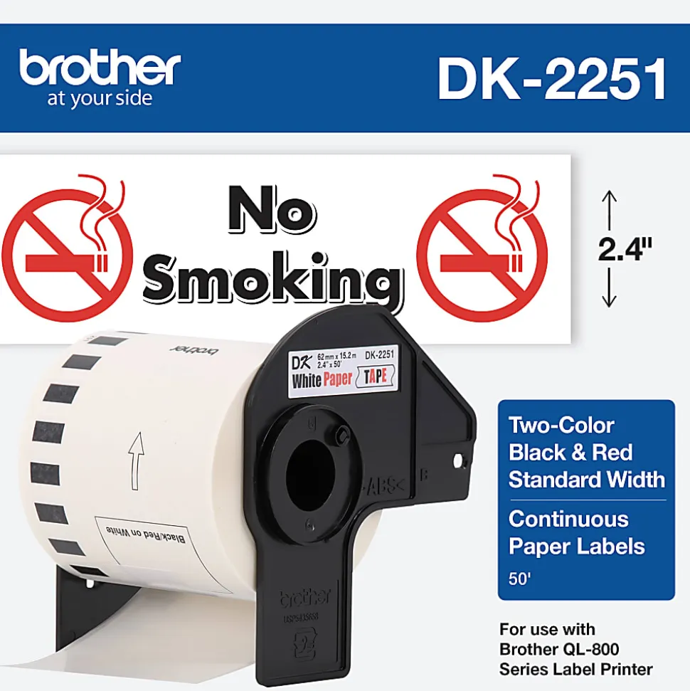 Brother DK-2251 Continuous-Length Tape, 2.4" x 50', Black/Red/White