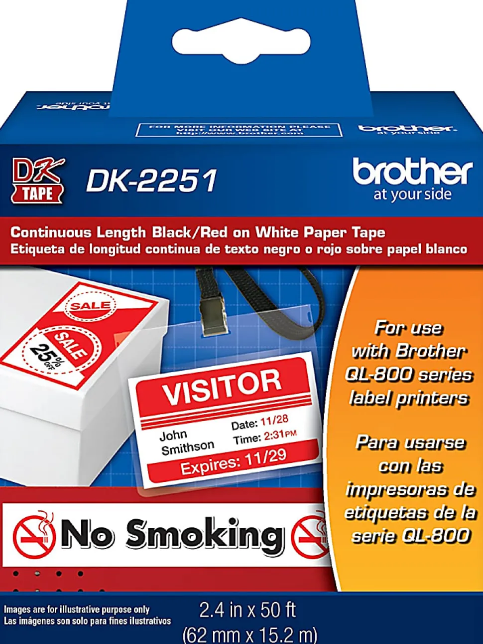 Brother DK-2251 Continuous-Length Tape, 2.4" x 50', Black/Red/White