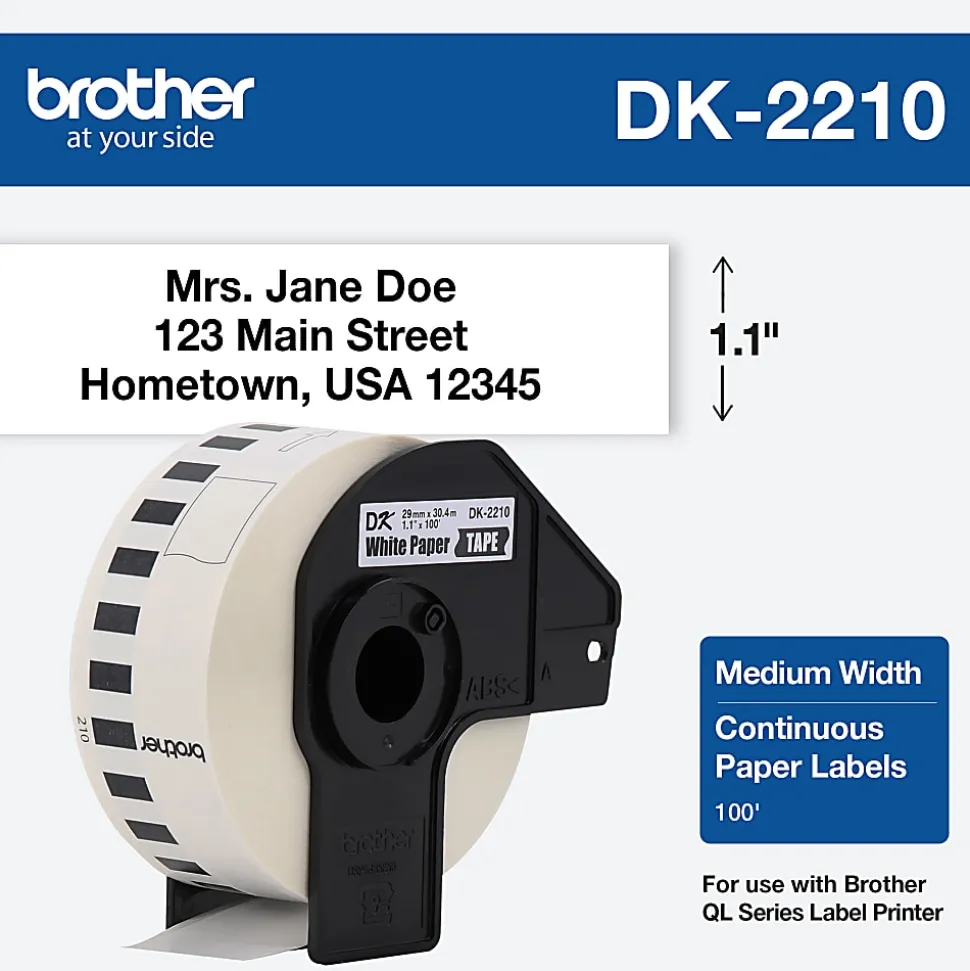 Brother DK2210 Continuous-Length Paper Tape, 1 1/7" x 100', White