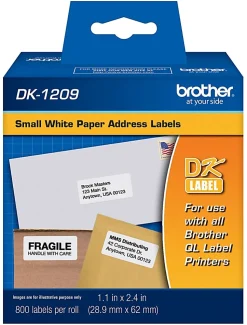 Brother DK-1209 Small Address Labels, White, 2 1/2" x 1 1/2", Roll Of 800