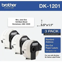 Brother Genuine DK-12013PK Die-Cut Standard Address Labels, 1-3/16” x 3-1/2”, White, 400 Labels Per Roll, Box Of 3 Rolls