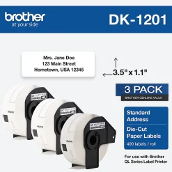 Brother Genuine DK-12013PK Die-Cut Standard Address Labels, 1-3/16” x 3-1/2”, White, 400 Labels Per Roll, Box Of 3 Rolls