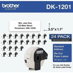 Brother Genuine DK-120124PK Die-Cut Standard Address Labels, 1-3/16" x 3-1/2", White, 400 Labels Per Roll, Box Of 24 Rolls