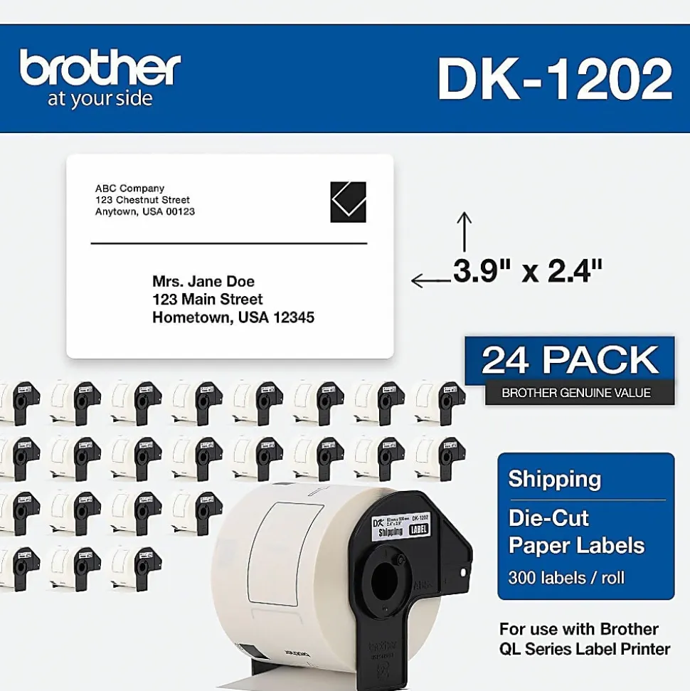 Brother Genuine DK-120224PK Die-Cut Shipping Paper Labels, 2-7/16" x 3-15/16", White, 300 Labels Per Roll, Box Of 24 Rolls
