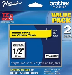 Brother Genuine P-Touch, TZe-6312Pk Laminated Label Tape, ½” (12mm) x 26.2" (8M), Black on Yellow, Pack Of 2-Pack