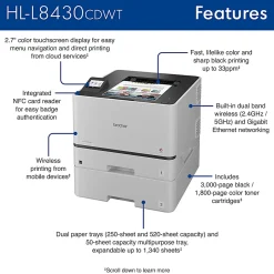 Brother HL-L8430CDWT Wireless Business Color Laser Printer with Dual Paper Trays, Low-Cost Printing