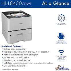Brother HL-L8430CDWT Wireless Business Color Laser Printer with Dual Paper Trays, Low-Cost Printing
