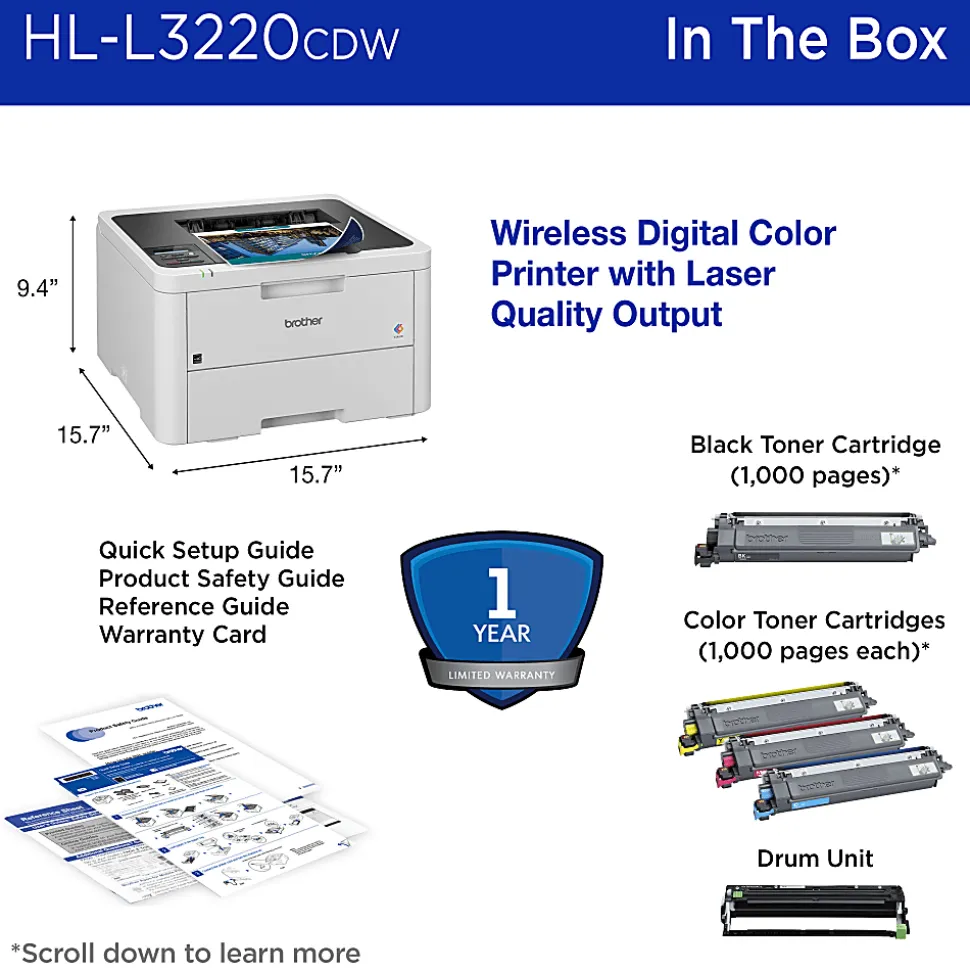 Brother HL-L3220CDW Wireless Compact Digital Color Printer, Laser Quality Output, Refresh EZ Print Eligibility