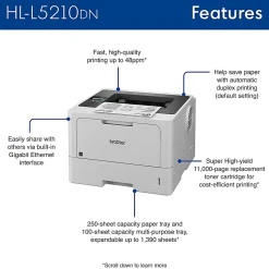 Brother HL-L5210DN Business Laser Monochrome Printer With Duplex Printing And Networking