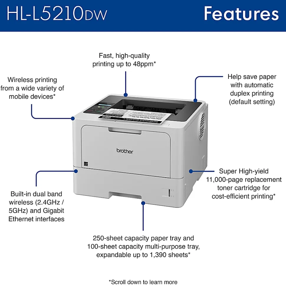 Brother HL-L5210DW Business Wireless Laser Monochrome Printer With Duplex Printing