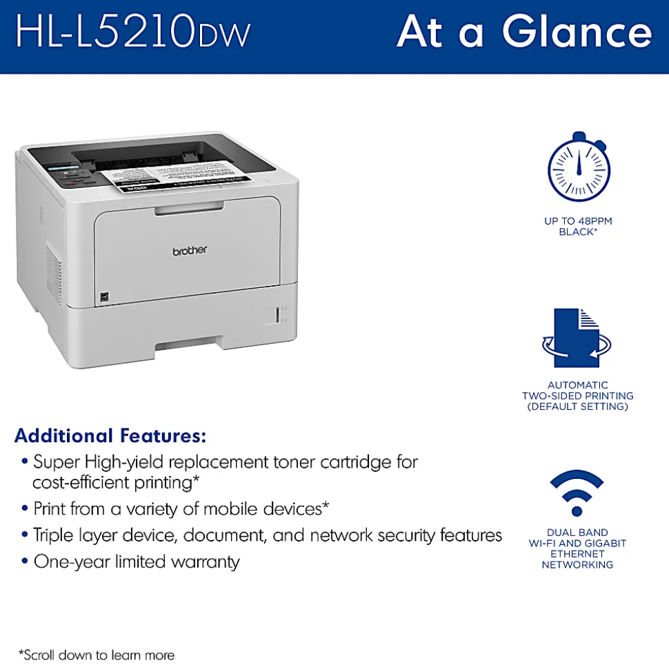 Brother HL-L5210DW Business Wireless Laser Monochrome Printer With Duplex Printing
