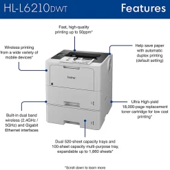 Brother HL-L6210DWT Business Wireless Monochrome Laser Printer