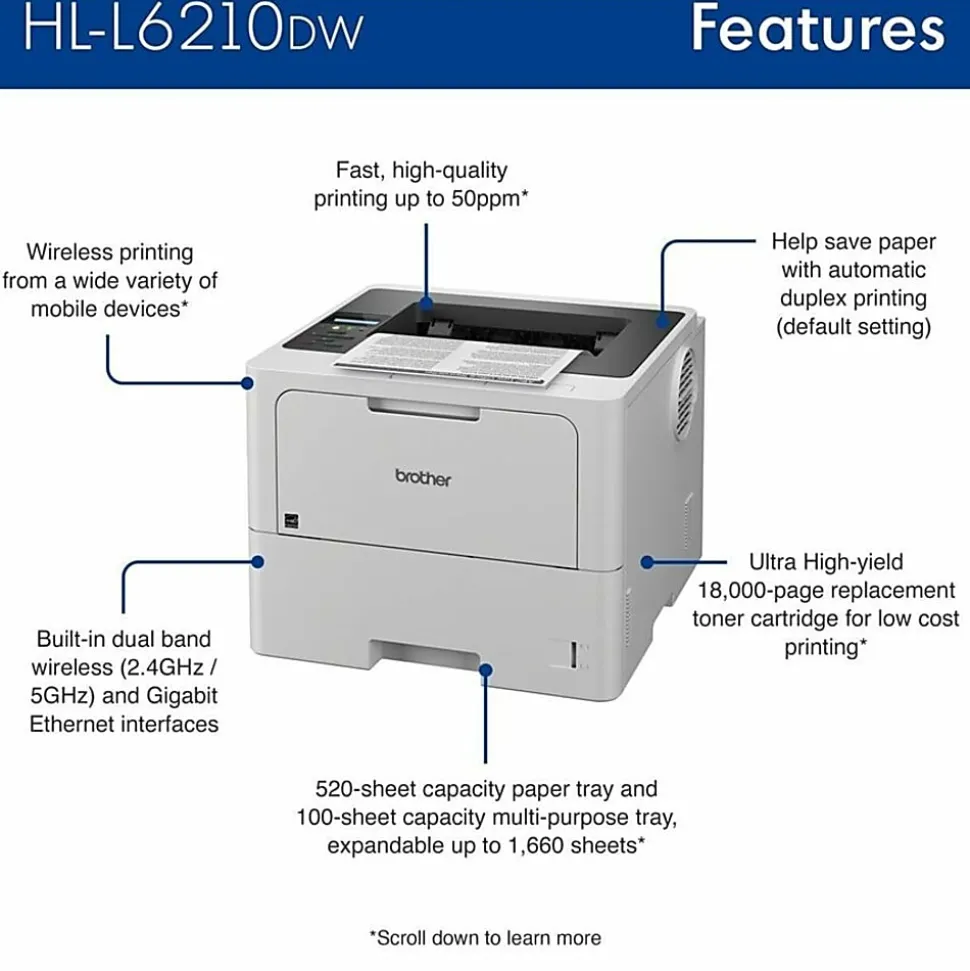 Brother HL-L6210DW Wireless Business Laser Monochrome Printer