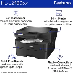 Brother HL-L2480DW Wireless Compact Monochrome Multi-Function Laser Printer, Copy & Scan, Refresh EZ Print Eligibility