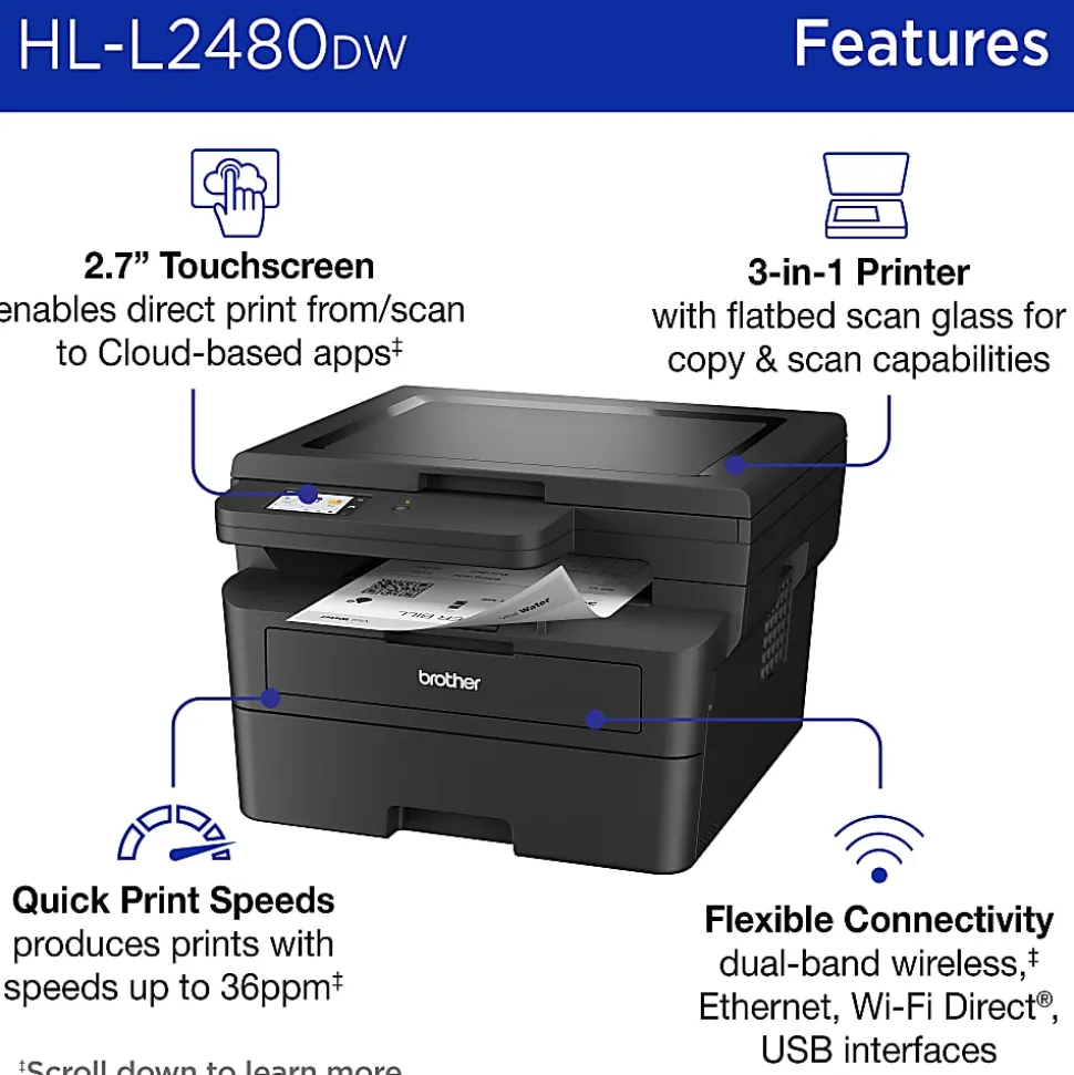 Brother HL-L2480DW Wireless Compact Monochrome Multi-Function Laser Printer, Copy & Scan, Refresh EZ Print Eligibility