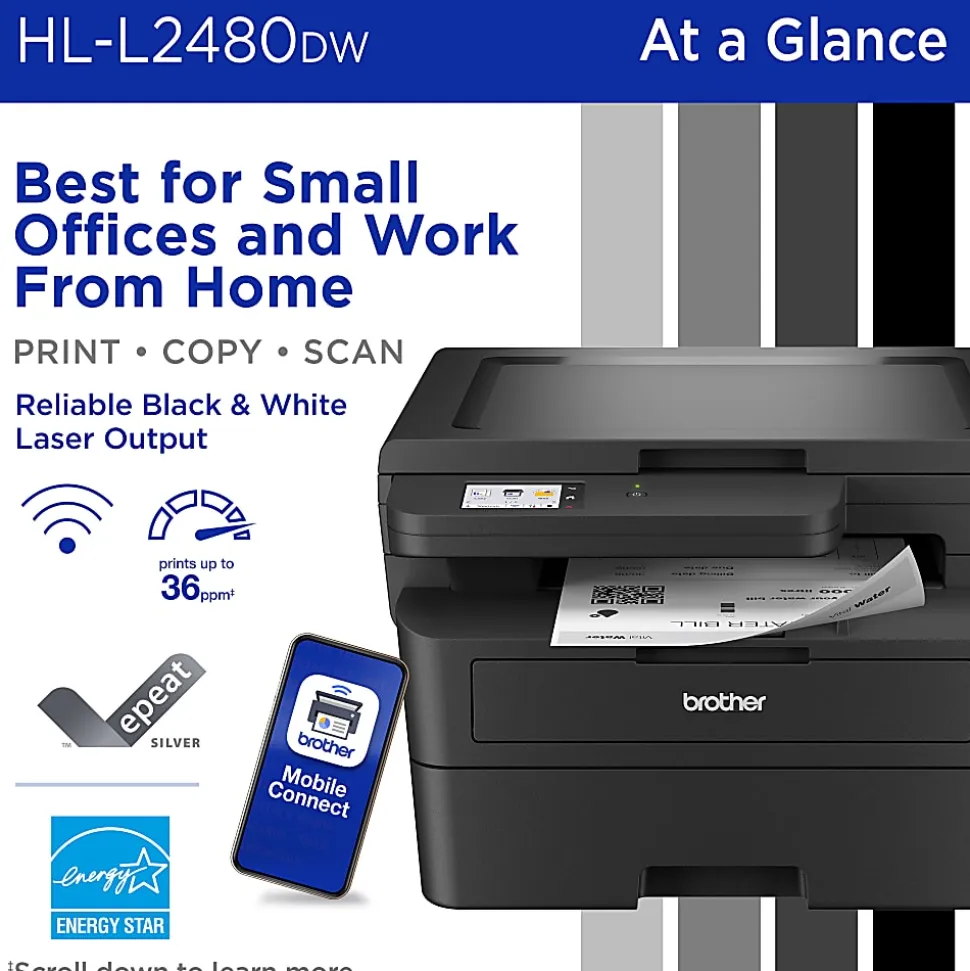 Brother HL-L2480DW Wireless Compact Monochrome Multi-Function Laser Printer, Copy & Scan, Refresh EZ Print Eligibility