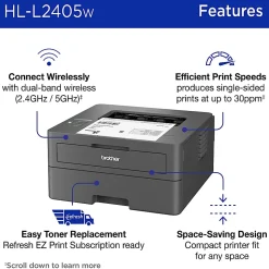 Brother HL-L2405W Wireless Compact Monochrome Laser Printer, Mobile Printing, Refresh EZ Print Eligibility
