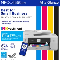 Brother INKvestment MCF-J6560DW Wireless Color Inkjet All-in-One Printer, 11”x17” capabilities, 2.7” Color Touchscreen