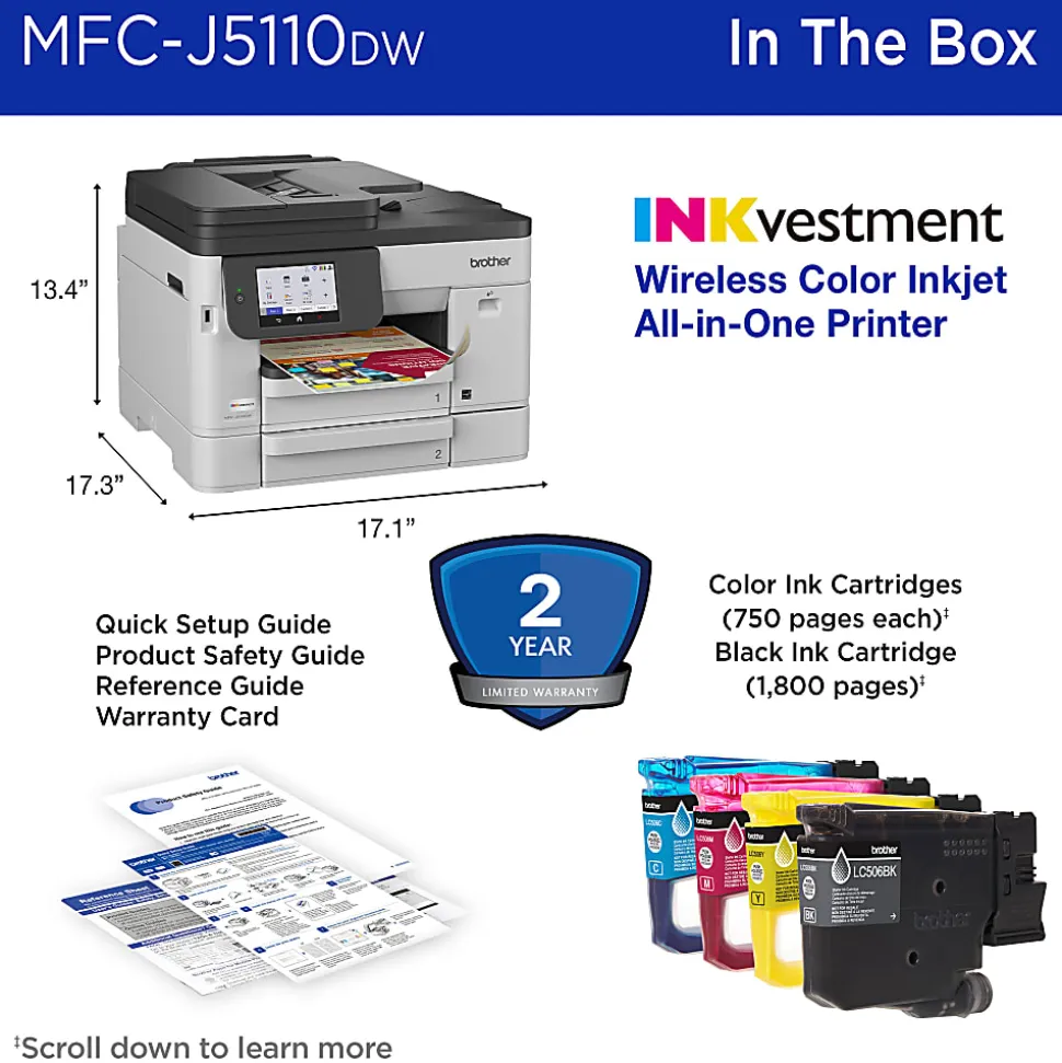 Brother INKvestment MFC-J5110DW Wireless Color Inkjet All-in-One Printer, 4.3” Color Touchscreen