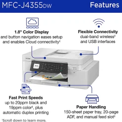 Brother INKvestment MFC-J4355DW Wireless Color Inkjet Printer, All-In-One Print/Scan/Copy/Fax, Best for home/small office