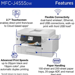 Brother INKvestment MFC-J4555DW Wireless Color Inkjet Printer, All-In-One Print/Scan/Copy/Fax, 2 paper trays, Best for small office/small business