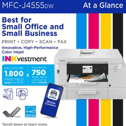 Brother INKvestment MFC-J4555DW Wireless Color Inkjet Printer, All-In-One Print/Scan/Copy/Fax, 2 paper trays, Best for small office/small business