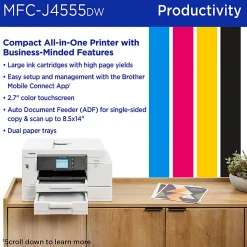 Brother INKvestment MFC-J4555DW Wireless Color Inkjet Printer, All-In-One Print/Scan/Copy/Fax, 2 paper trays, Best for small office/small business