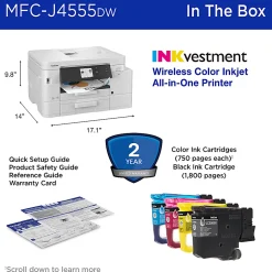 Brother INKvestment MFC-J4555DW Wireless Color Inkjet Printer, All-In-One Print/Scan/Copy/Fax, 2 paper trays, Best for small office/small business
