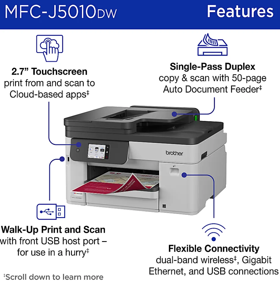 Brother INKvestment MFC-J5010DW Wireless Color Inkjet All-in-One Printer, Automatic 2-sided Copy & Scan, 2.7” Color Touchscreen