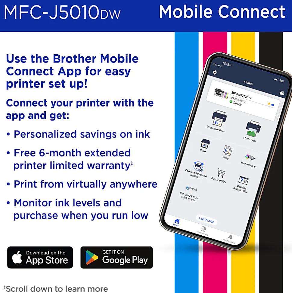 Brother INKvestment MFC-J5010DW Wireless Color Inkjet All-in-One Printer, Automatic 2-sided Copy & Scan, 2.7” Color Touchscreen