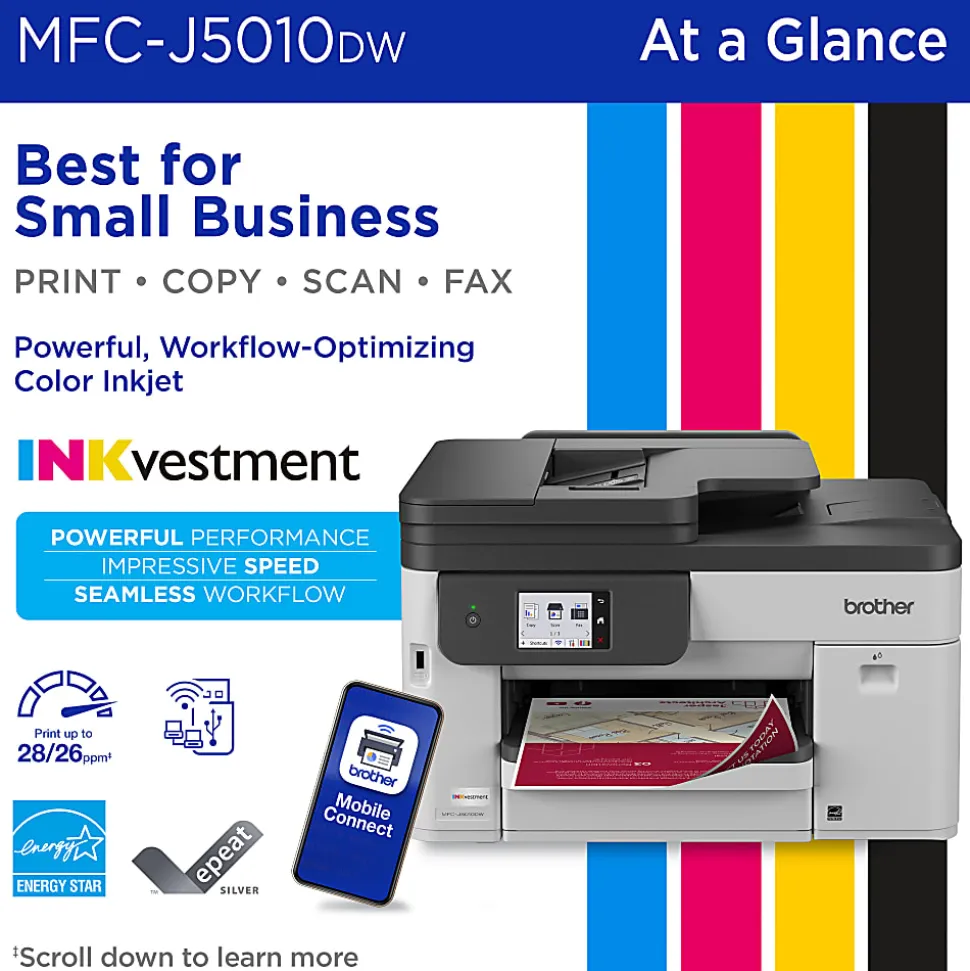 Brother INKvestment MFC-J5010DW Wireless Color Inkjet All-in-One Printer, Automatic 2-sided Copy & Scan, 2.7” Color Touchscreen
