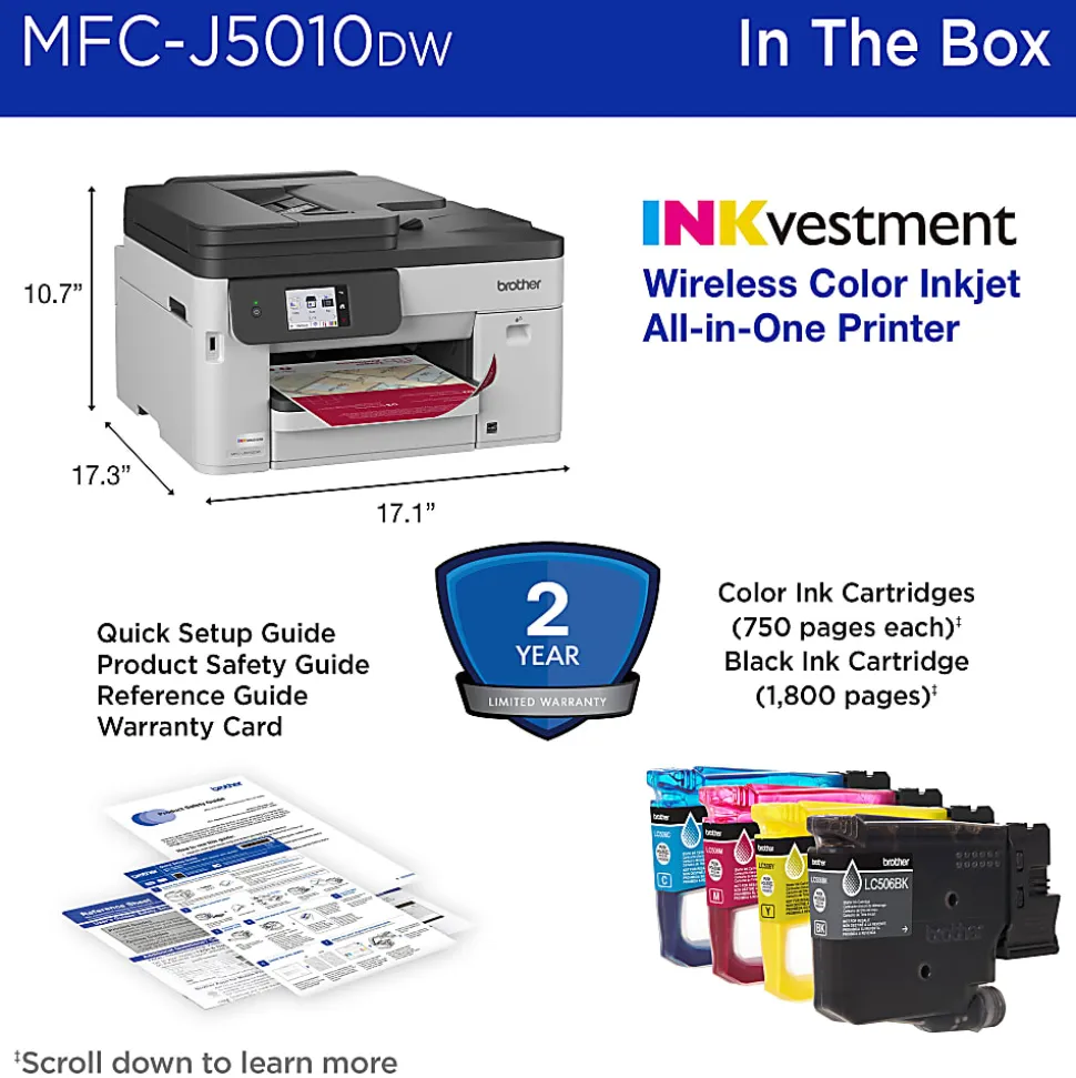Brother INKvestment MFC-J5010DW Wireless Color Inkjet All-in-One Printer, Automatic 2-sided Copy & Scan, 2.7” Color Touchscreen