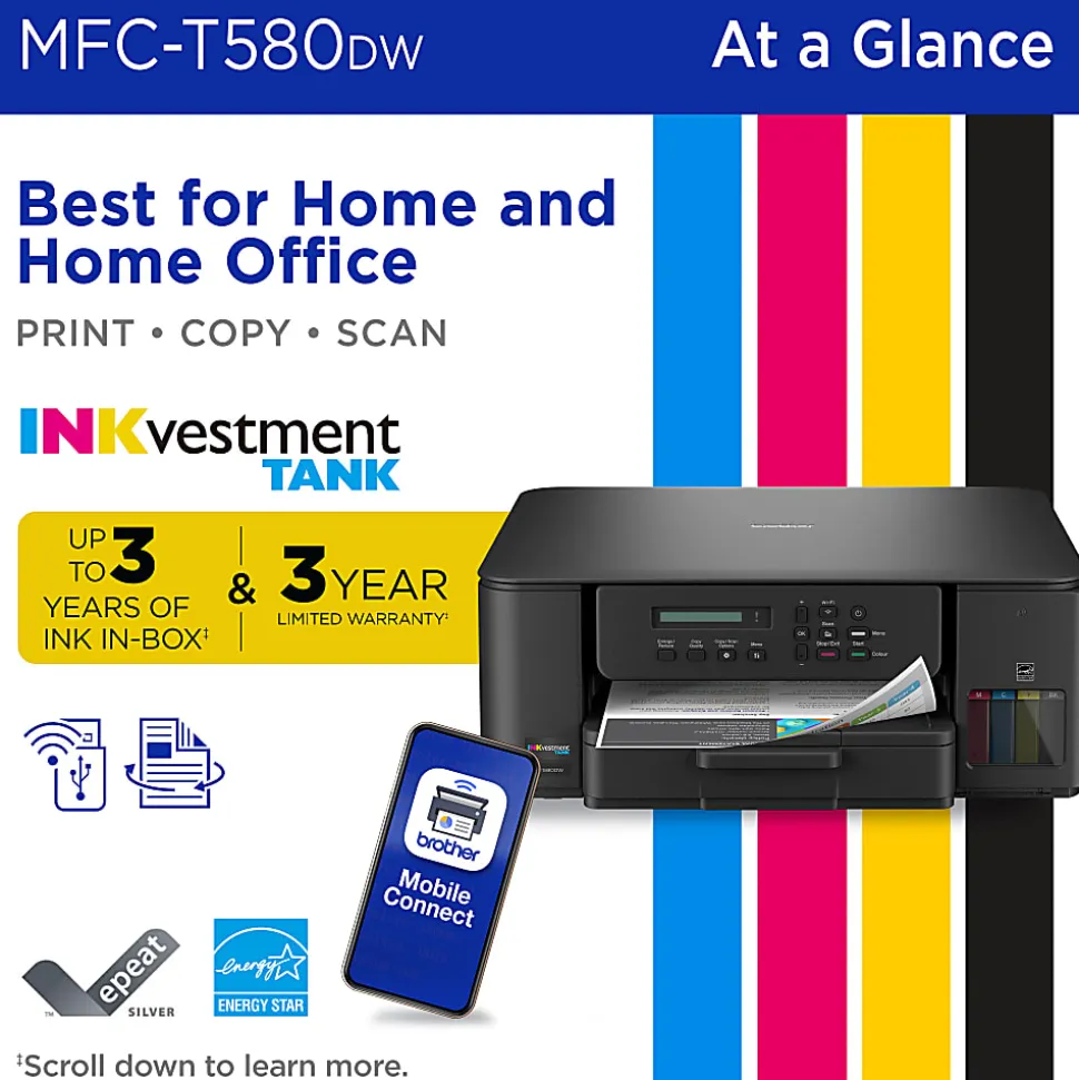 Brother INKvestment Tank MFC-T580DW Wireless Color Inkjet, All-In-One Print/Scan/Copy, up to 3 Years of Ink In-Box(1), Best for home/home office