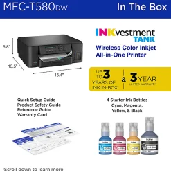 Brother INKvestment Tank MFC-T580DW Wireless Color Inkjet, All-In-One Print/Scan/Copy, up to 3 Years of Ink In-Box(1), Best for home/home office