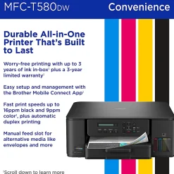 Brother INKvestment Tank MFC-T580DW Wireless Color Inkjet, All-In-One Print/Scan/Copy, up to 3 Years of Ink In-Box(1), Best for home/home office