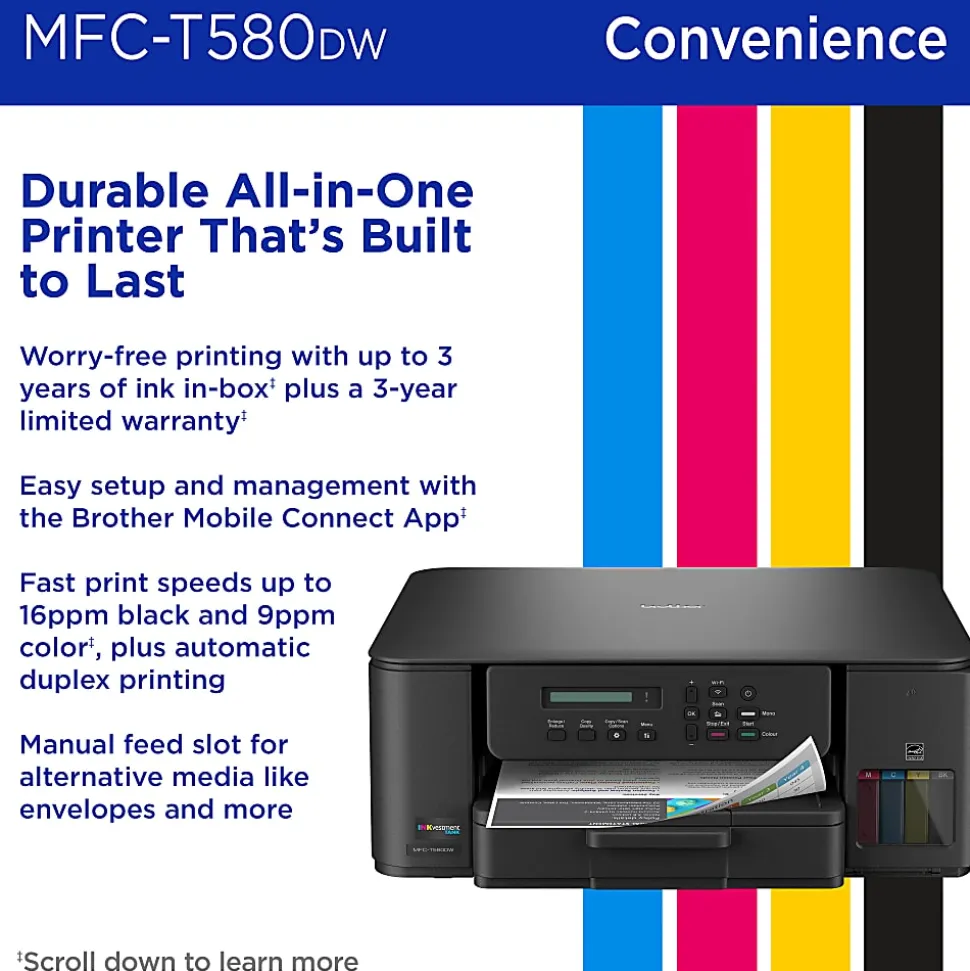 Brother INKvestment Tank MFC-T580DW Wireless Color Inkjet, All-In-One Print/Scan/Copy, up to 3 Years of Ink In-Box(1), Best for home/home office