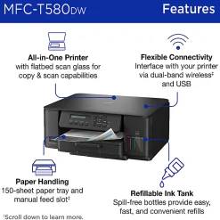 Brother INKvestment Tank MFC-T580DW Wireless Color Inkjet, All-In-One Print/Scan/Copy, up to 3 Years of Ink In-Box(1), Best for home/home office