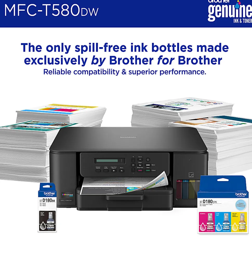 Brother INKvestment Tank MFC-T580DW Wireless Color Inkjet, All-In-One Print/Scan/Copy, up to 3 Years of Ink In-Box(1), Best for home/home office