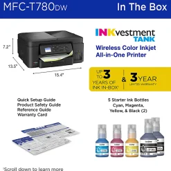 Brother INKvestment Tank MFC-T780DW Wireless Color Inkjet Printer, All-in-One Print/Scan/Copy, 3 Years of Ink In-Box(1), Best for home/small office