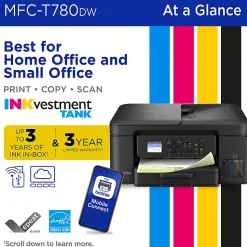 Brother INKvestment Tank MFC-T780DW Wireless Color Inkjet Printer, All-in-One Print/Scan/Copy, 3 Years of Ink In-Box(1), Best for home/small office