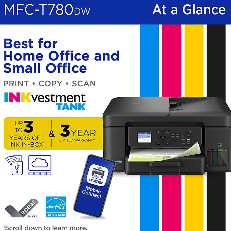 Brother INKvestment Tank MFC-T780DW Wireless Color Inkjet Printer, All-in-One Print/Scan/Copy, 3 Years of Ink In-Box(1), Best for home/small office