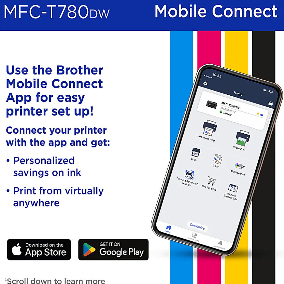 Brother INKvestment Tank MFC-T780DW Wireless Color Inkjet Printer, All-in-One Print/Scan/Copy, 3 Years of Ink In-Box(1), Best for home/small office