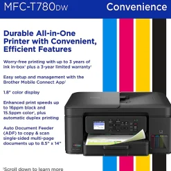 Brother INKvestment Tank MFC-T780DW Wireless Color Inkjet Printer, All-in-One Print/Scan/Copy, 3 Years of Ink In-Box(1), Best for home/small office