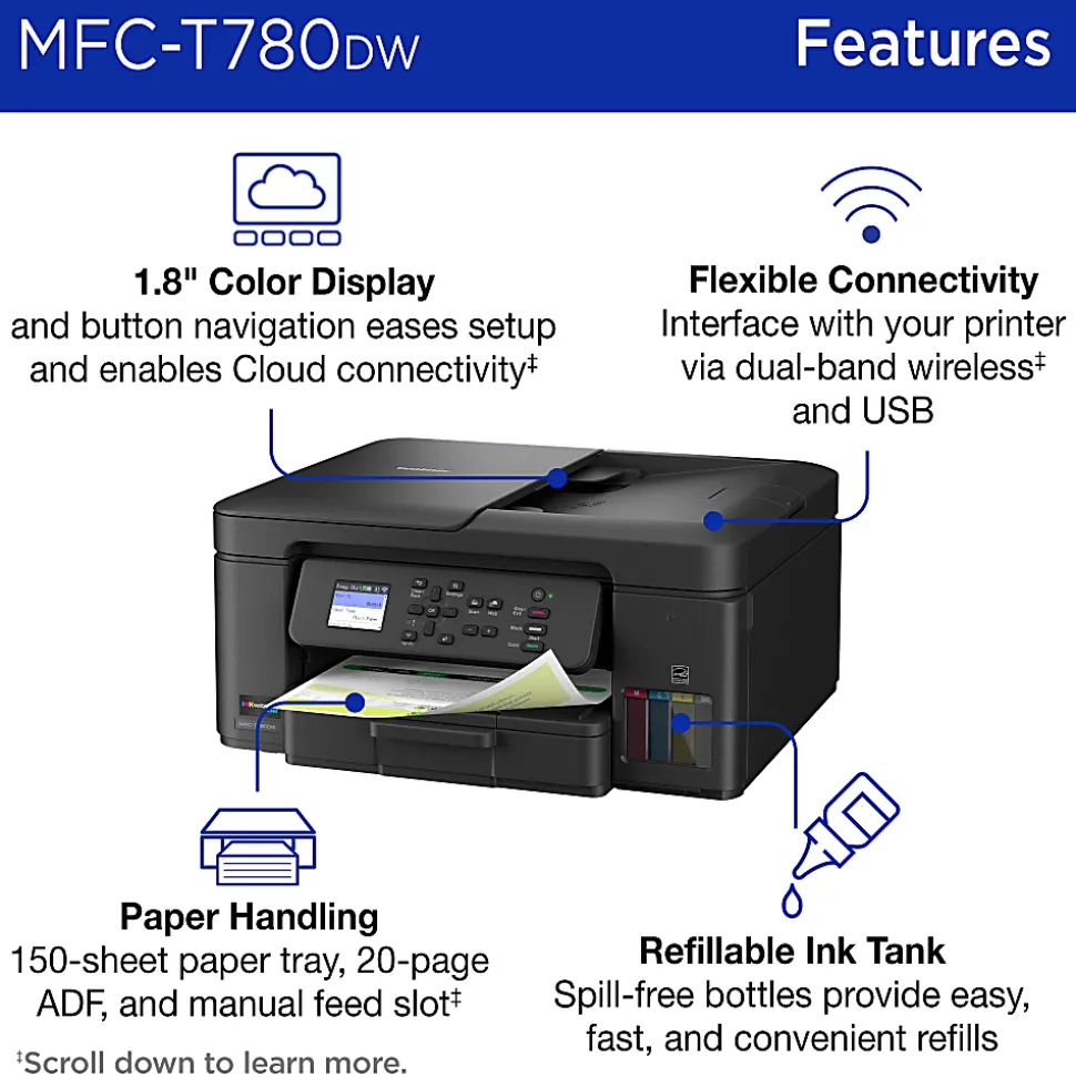 Brother INKvestment Tank MFC-T780DW Wireless Color Inkjet Printer, All-in-One Print/Scan/Copy, 3 Years of Ink In-Box(1), Best for home/small office