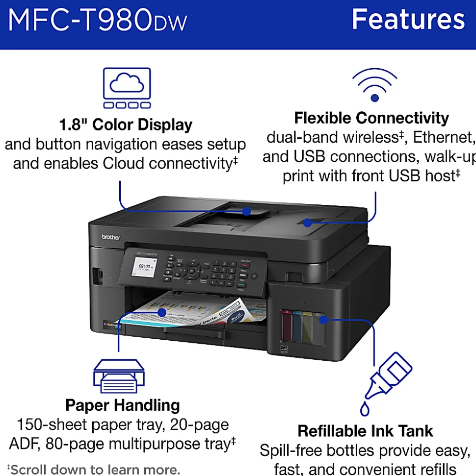 Brother INKvestment Tank MFC-T980DW Wireless Color Inkjet Printer, All-in-One Print/Scan/Copy, 3 Years Ink In-Box(1), Best for small office/business