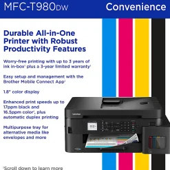 Brother INKvestment Tank MFC-T980DW Wireless Color Inkjet Printer, All-in-One Print/Scan/Copy, 3 Years Ink In-Box(1), Best for small office/business