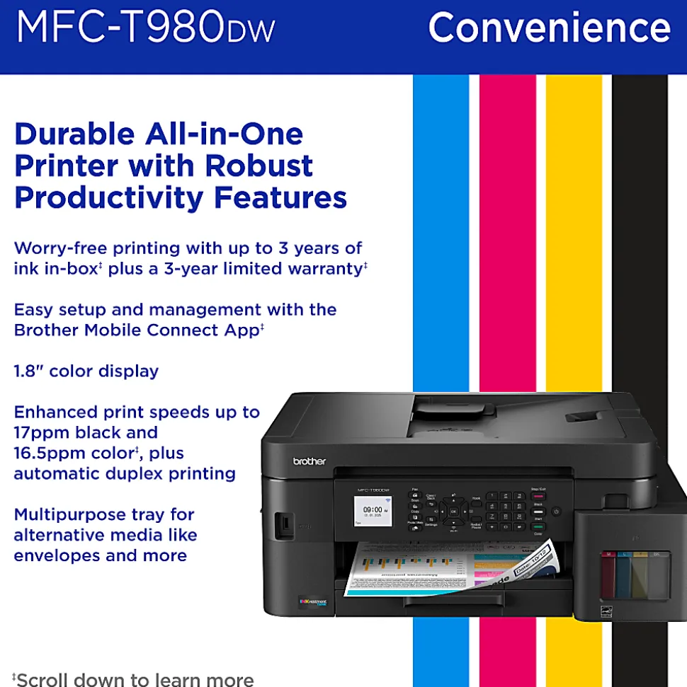 Brother INKvestment Tank MFC-T980DW Wireless Color Inkjet Printer, All-in-One Print/Scan/Copy, 3 Years Ink In-Box(1), Best for small office/business
