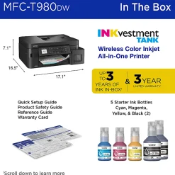 Brother INKvestment Tank MFC-T980DW Wireless Color Inkjet Printer, All-in-One Print/Scan/Copy, 3 Years Ink In-Box(1), Best for small office/business